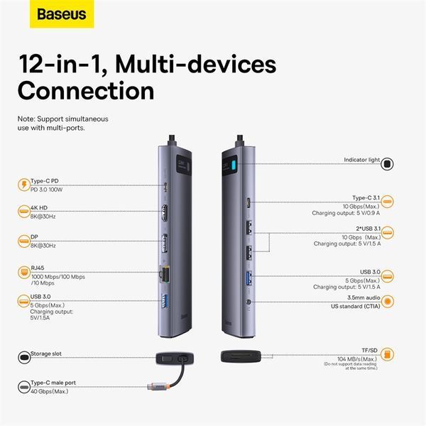 USB-хаб Baseus Metal Gleam Series 12-in-1 Multifunctional Type-C HUB Docking Station Gray 551155174 фото