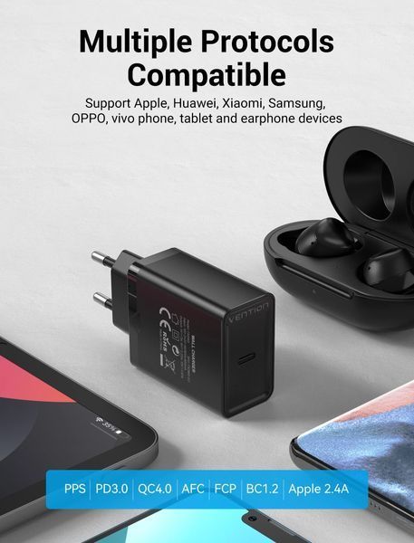 Мережевий зарядний пристрій Vention 1-port USB-C Wall Charger(20W) EU-Plug Black (FADB0-EU) 364887264 фото