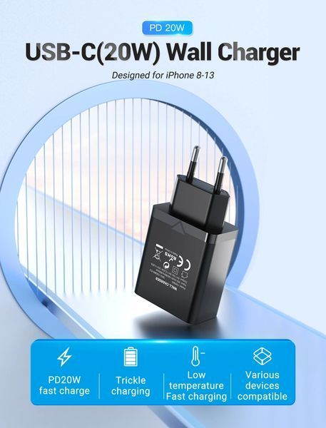 Мережевий зарядний пристрій Vention 1-port USB-C Wall Charger(20W) EU-Plug Black (FADB0-EU) 364887264 фото
