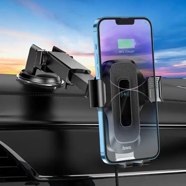 Автодержатель для телефона с БЗУ HOCO HW3 Wise automatic induction wireless fast charging car holder(center console) Black 348989276 фото