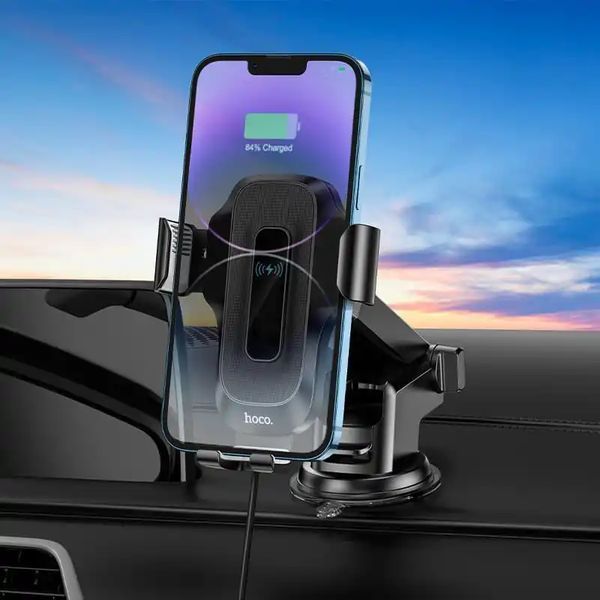 Автодержатель для телефона с БЗУ HOCO HW3 Wise automatic induction wireless fast charging car holder(center console) Black 348989276 фото