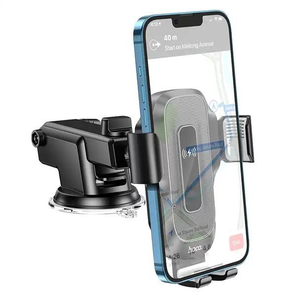 Автодержатель для телефона с БЗУ HOCO HW3 Wise automatic induction wireless fast charging car holder(center console) Black 348989276 фото
