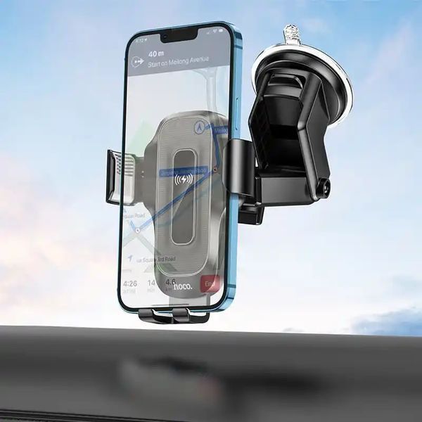 Автодержатель для телефона с БЗУ HOCO HW3 Wise automatic induction wireless fast charging car holder(center console) Black 348989276 фото