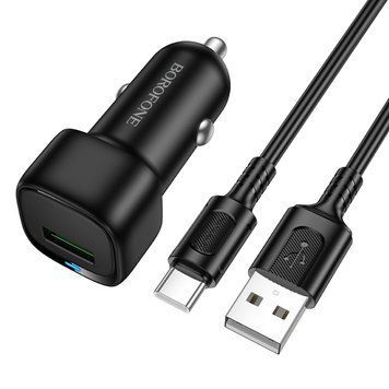Автомобільний зарядний пристрій BOROFONE BZ34 Cloud single port QC3.0 car charger set(Type-C) Black 433110490 фото