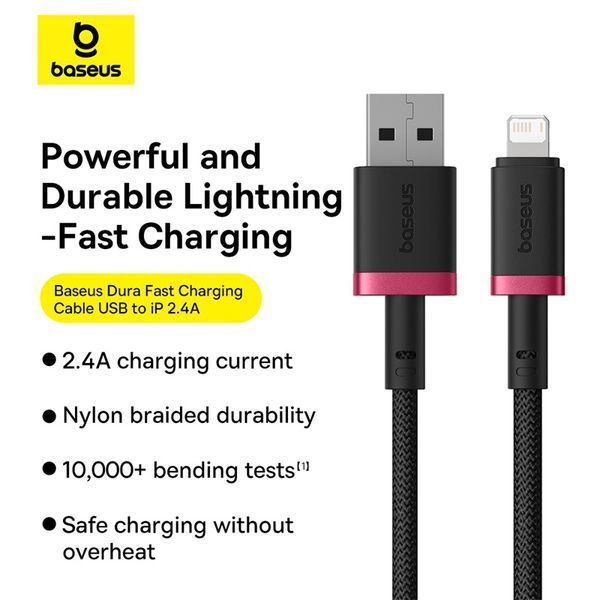 Кабель Baseus Dura Series Fast Charging Cable USB to iP 2.4A 1m Red+Black 312962483 фото