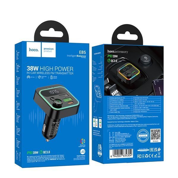 АЗП з FM-модулятором HOCO E85 Tiger PD20W+QC3.0 car BT FM transmitter Black 854378519 фото