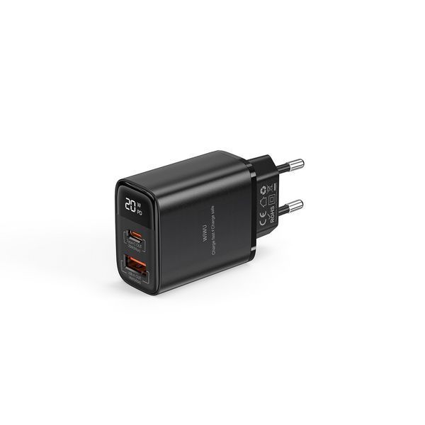Мережевий зарядний пристрій WIWU 20W Firefly GaN Fast Charger 1A+1C with digital display Wi-G009 EU Black 940096028 фото