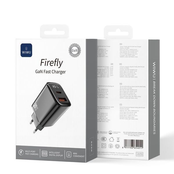 Мережевий зарядний пристрій WIWU 20W Firefly GaN Fast Charger 1A+1C with digital display Wi-G009 EU Black 940096028 фото