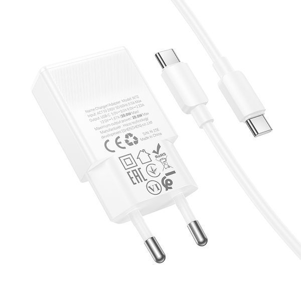 Сетевое зарядное устройство с кабелем HOCO N72 Speed single-port PD20W ultra-thin charger set(C to C)(EU) 325987032 фото