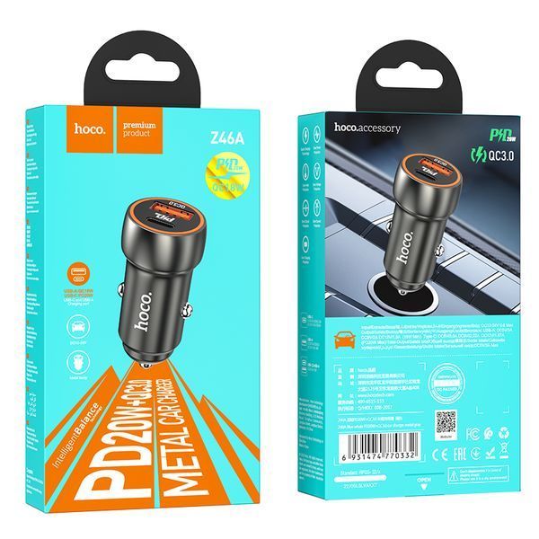 Автомобільний зарядний пристрій HOCO Z46A Blue whale PD20W+QC3.0 car charger Metal Gray 860208447 фото