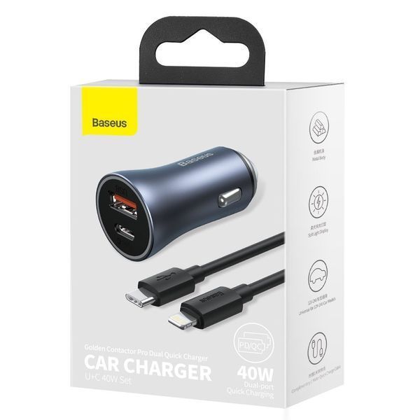 Автомобільний зарядний пристрій Baseus Golden Contactor Pro Dual Car Charger U+C 40W (With Cable Type-C/ iP 1m) Dark Grey 205135734 фото