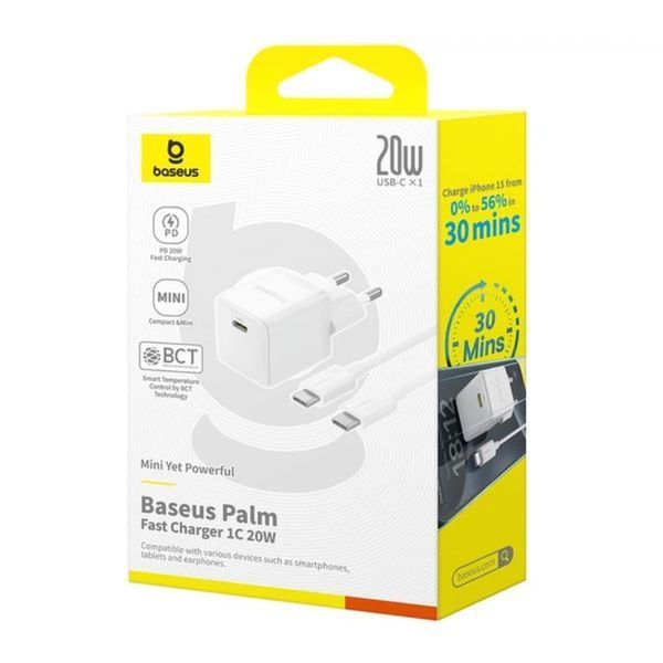 Сетевое зарядное устройство с кабелем Baseus Palm Fast Charger 1C 20W EU Moon White set USB-C to iP 20W 1m 115767885 фото