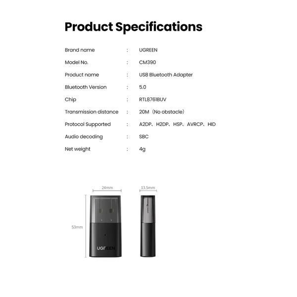 Адаптер UGREEN CM390 USB Bluetooth 5.0 Adapter (UGR-80889) 530013312 фото
