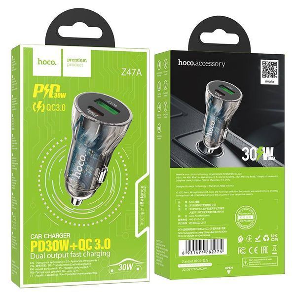 Автомобильное зарядное устройство HOCO Z47A Transparent Discovery Edition dual port PD30W+QC3.0 car charger Transparent Black 615596522 фото