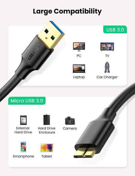 Кабель UGREEN US130 USB 3.0 A Male to Micro USB 3.0 Male Cable 0.5m (Black)(UGR-10840) 826157741 фото