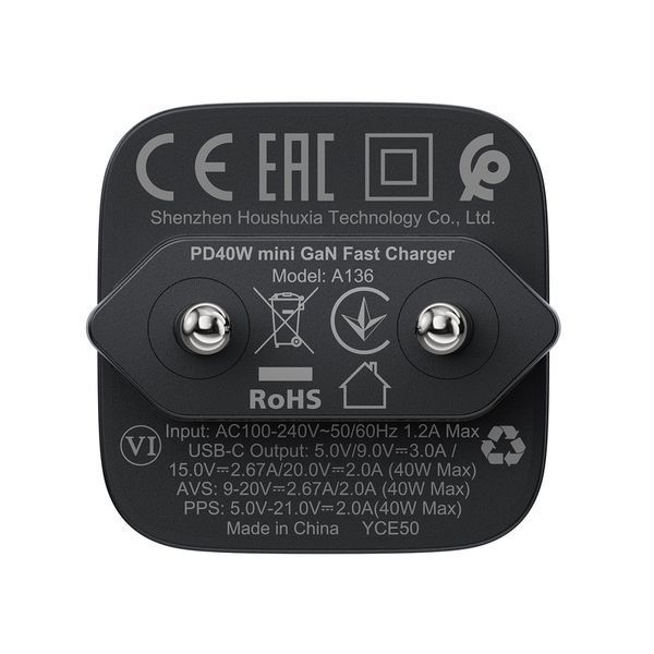 Мережевий зарядний пристрій ACEFAST A136 PD40W mini GaN USB-C fast charger Black 426356013 фото