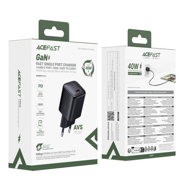 Мережевий зарядний пристрій ACEFAST A136 PD40W mini GaN USB-C fast charger Black 426356013 фото