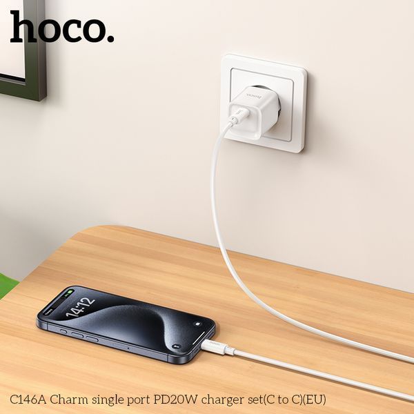 Мережевий зарядний пристрій з кабелем HOCO C146A Charm single port PD20W charger set (C to C) (EU) White 307277670 фото