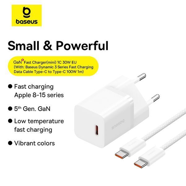 Мережевий зарядний пристрій з кабелем Baseus GaN5 Fast Charger(mini) 1C 30W EU Moon White(With: Fast Charging Data Cable Type-C) 590239965 фото