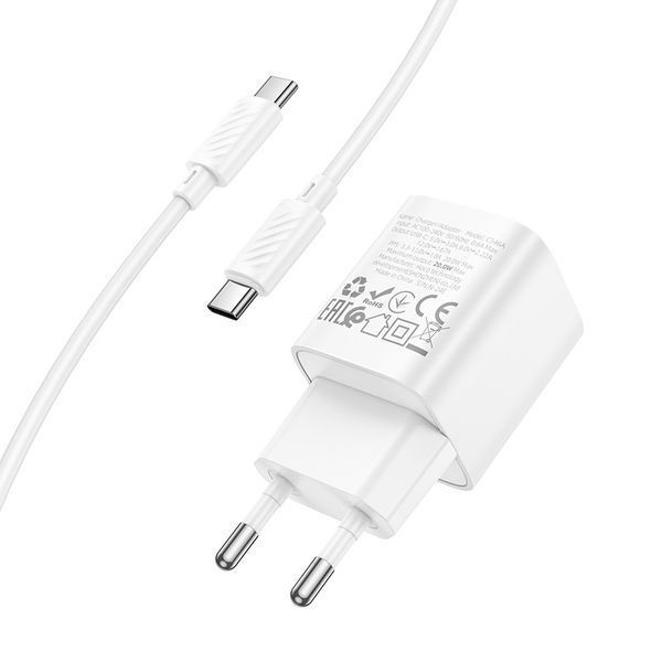Мережевий зарядний пристрій з кабелем HOCO C146A Charm single port PD20W charger set (C to C) (EU) White 307277670 фото