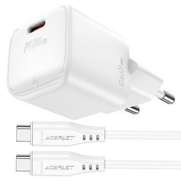 Сетевое зарядное устройство с кабелем ACEFAST A77 mini PD30W GaN single USB-C charger set (C3-03) White 709617643 фото