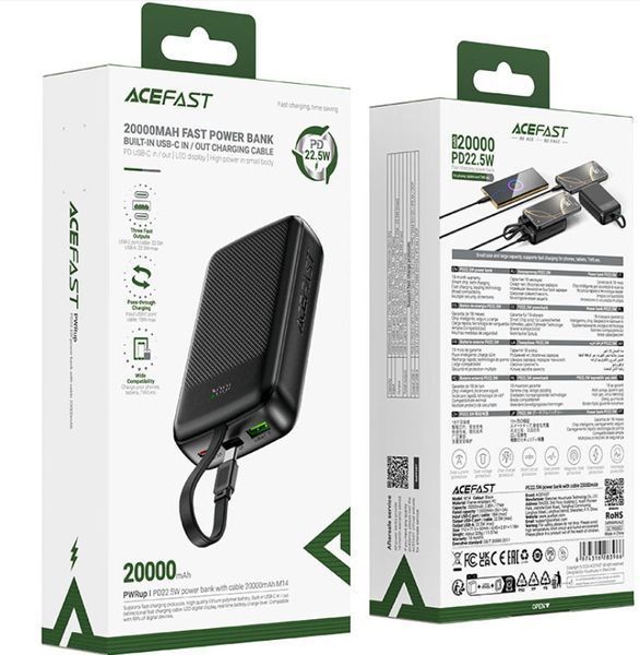 Зовнішній акумулятор ACEFAST M14 PD20W power bank with cable 20000mAh Black 136399935 фото