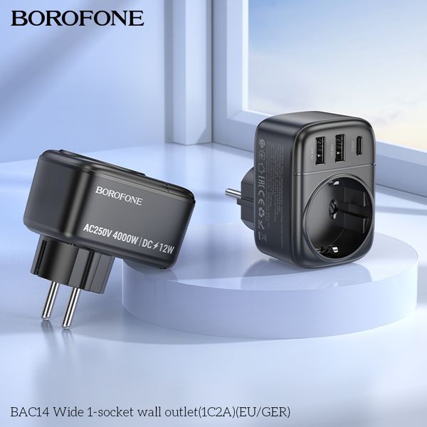 Мережевий фільтр BOROFONE BAC14 Wide 1-socket wall outlet (1C2A) (EU/GER) Black 932969182 фото