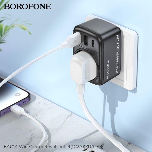 Мережевий фільтр BOROFONE BAC14 Wide 1-socket wall outlet (1C2A) (EU/GER) Black 932969182 фото