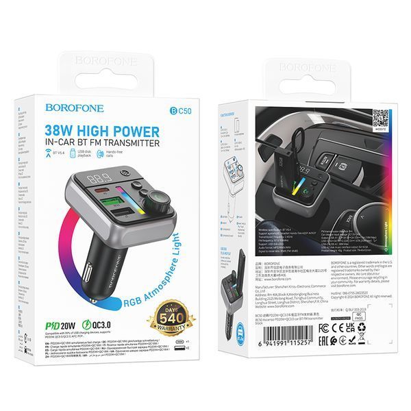 АЗП з FM-модулятором BOROFONE BC50 Ascenso PD20W+QC3.0 car BT FM transmitter Black 512027362 фото
