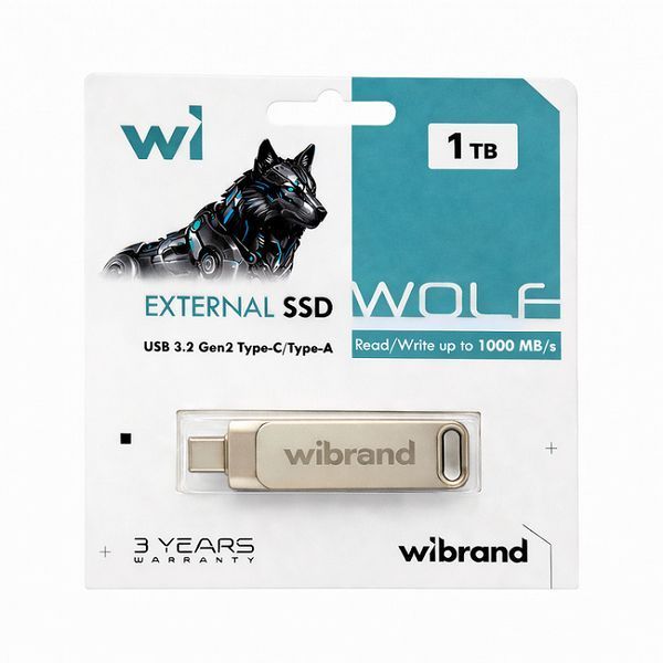 Портативний SSD Wibrand Wolf 1TB USB 3.2 Gen.2 Type-C/Type-A Read/Write 1000MB/s Silver 100242790 фото