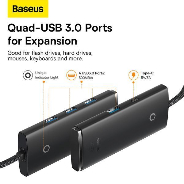 USB-хаб Baseus Lite Series 4-Port Type-C HUB Adapter (Type-C to USB 3.0*4) 25cm Black 289511547 фото