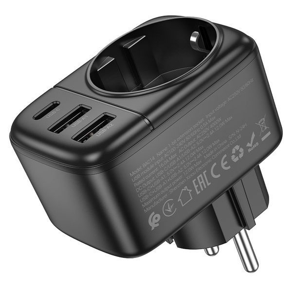 Мережевий фільтр BOROFONE BAC14 Wide 1-socket wall outlet (1C2A) (EU/GER) Black 932969182 фото