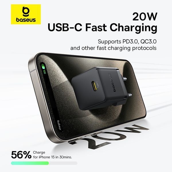 Мережевий зарядний пристрій з кабелем Baseus Palm Fast Charger 1C 20W EU Cosmic Black set USB-C to iP 20W 1m 732219389 фото