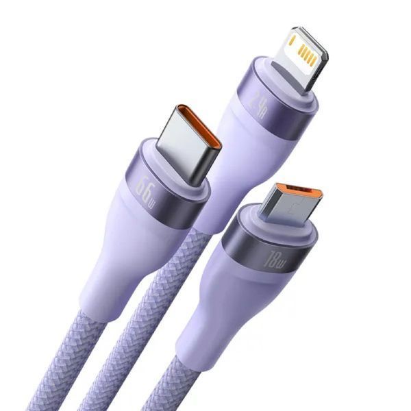 Кабель Baseus Flash Series Ⅱ One-for-three Fast Charging Data Cable USB to M+L+C 66W 1.2m Purple 189840786 фото