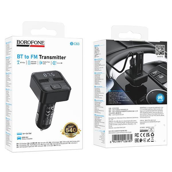 АЗП з FM-модулятором BOROFONE BC63 Selecto car BT FM transmitter Black 340497202 фото