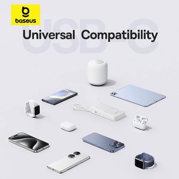 Зовнішній акумулятор Baseus Bipow 2 Digital Display Power Bank With Built-in USB-C Cable 20000mah 20W Moon White 401096116 фото