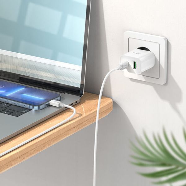 Мережевий зарядний пристрій з кабелем HOCO C80A Plus Rapido PD20W+QC3.0 charger set(C to iP) White 374994834 фото