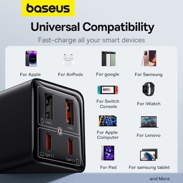 Мережевий зарядний пристрій з кабелем Baseus GaN6 Pro Fast Charger 2C+2U 65W EU Cluster Black((With Type-C to Type-C 100W(20V/5A) 1m Black） 167417316 фото