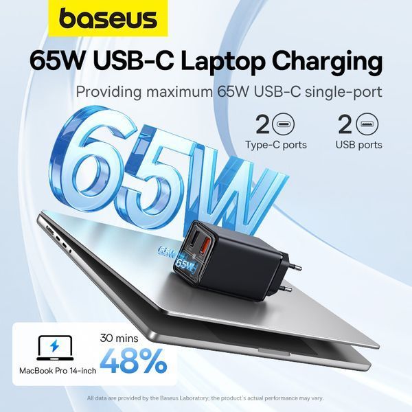 Мережевий зарядний пристрій з кабелем Baseus GaN6 Pro Fast Charger 2C+2U 65W EU Cluster Black((With Type-C to Type-C 100W(20V/5A) 1m Black） 167417316 фото