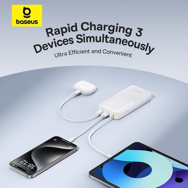 Зовнішній акумулятор Baseus Bipow 2 Digital Display Power Bank With Built-in USB-C Cable 20000mah 20W Moon White 401096116 фото