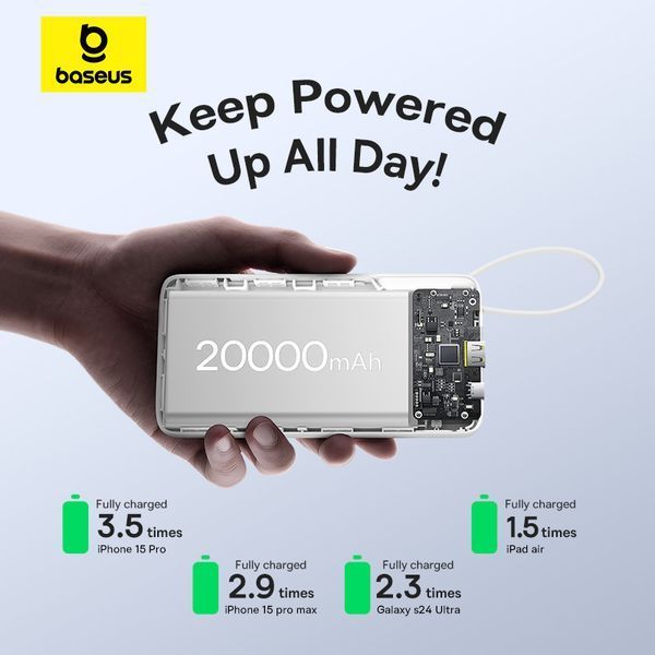 Зовнішній акумулятор Baseus Bipow 2 Digital Display Power Bank With Built-in USB-C Cable 20000mah 20W Moon White 401096116 фото