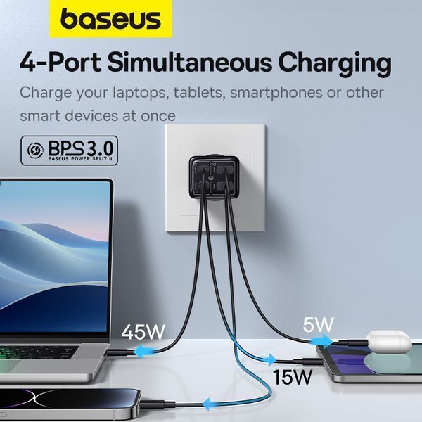 Мережевий зарядний пристрій з кабелем Baseus GaN6 Pro Fast Charger 2C+2U 65W EU Cluster Black((With Type-C to Type-C 100W(20V/5A) 1m Black） 167417316 фото