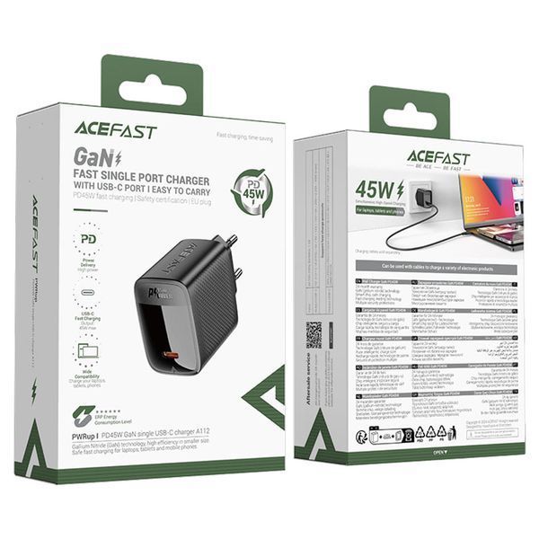 Сетевое зарядное устройство ACEFAST A112 PD45W GaN single USB-C charger (EU) Black 313354463 фото