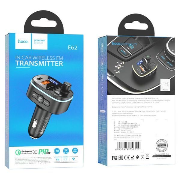 АЗП з FM-модулятором HOCO E62 Fast PD20W+QC3.0 car BT FM transmitter Black 743672688 фото