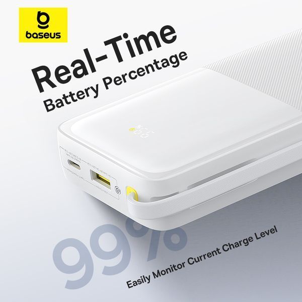 Зовнішній акумулятор Baseus Bipow 2 Digital Display Power Bank With Built-in USB-C Cable 20000mah 20W Moon White 401096116 фото