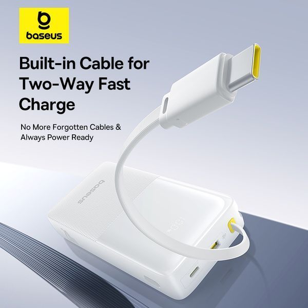 Зовнішній акумулятор Baseus Bipow 2 Digital Display Power Bank With Built-in USB-C Cable 20000mah 20W Moon White 401096116 фото