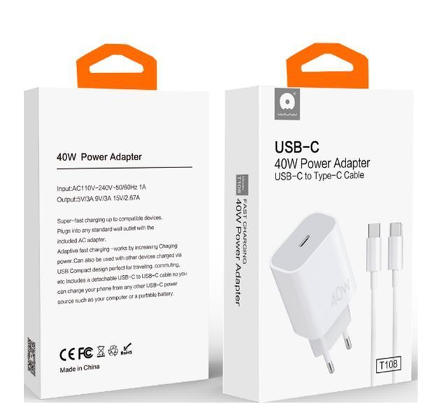 Мережевий зарядний пристрій з кабелем WUW-T108 PD 40W charger with C-C cable 127001967 фото