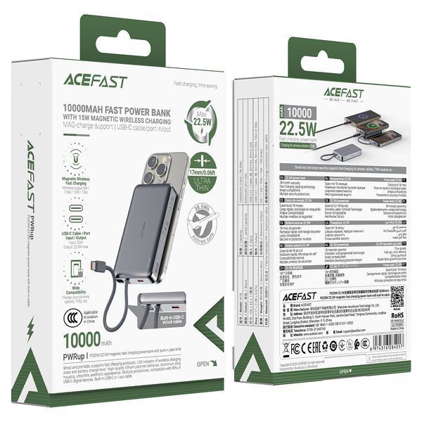 Зовнішній акумулятор ACEFAST M18-10000 PD20W/22.5W magnetic fast charging power bank with built-in cable Black 657278526 фото