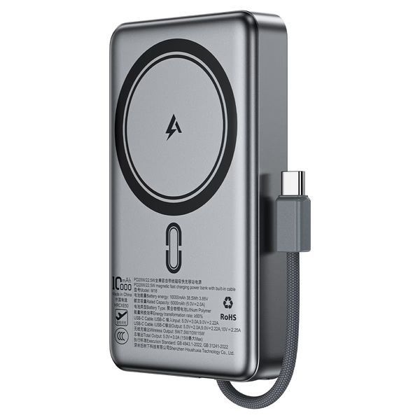 Зовнішній акумулятор ACEFAST M18-10000 PD20W/22.5W magnetic fast charging power bank with built-in cable Black 657278526 фото