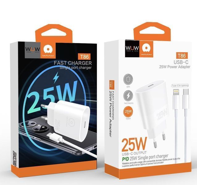 Мережевий зарядний пристрій з кабелем WUW-T86L PD 25W fast charger + USB C to lighting set 431077738 фото
